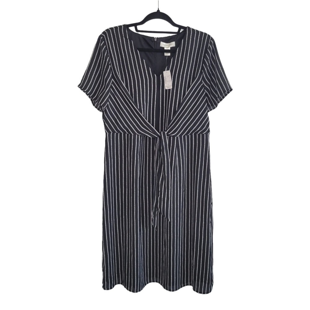 NWT Christopher & Banks Black & White Striped Short Sleeve Tie Waist Dress Sz 12